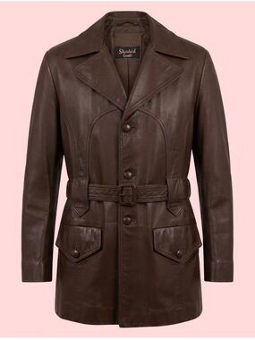 70s Belted Leather Car Coat / Standard Sportswear Mens Large / Western Yoke Vint